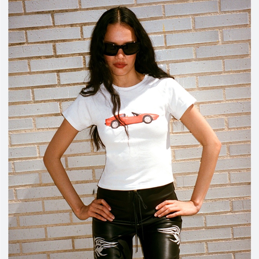 Realisation Par Topless! Red Car White Baby Tee in XXS